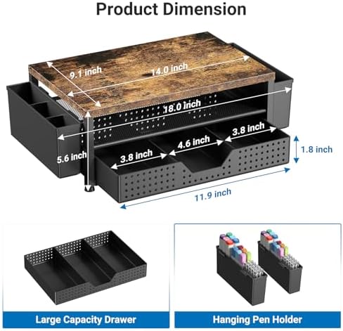 Monitor Riser, Laptop Stand for Desk, Office Desk Organizer and Accessories, Computer Monitor Stand, Desktop Shelf with Drawer and Pen Holder, Printer Stand for Home, Office, Dorm (Brown)