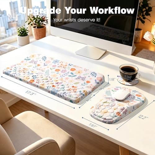 Ospelelf Keyboard Wrist Rest and Mouse Pad Set, Ergonomic Memory Foam Wrist Support, Aesthetic Desk Accessories for Office, Home & Gaming, Relief for Carpal Tunnel & Wrist Pain,Floral Cat