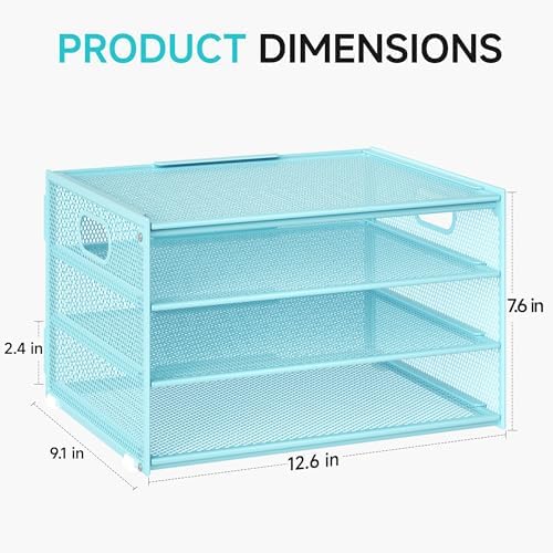 Lavatino 3-Tier Letter Tray Desk Organizer, Mesh Metal Paper File Tray Organizer for Desk, Office Supplies & Home Organization, Fits A4 Paper, Mail, Magazines & Office Accessories (Blue with Handle)