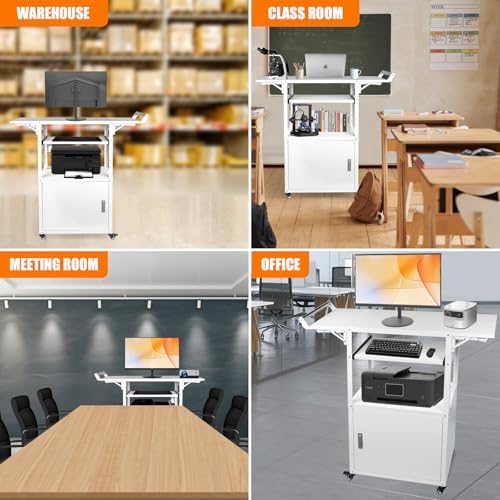 Large Steel AV Cart with Wheels and Drop Leaves, Height Adjustable AV Cart with Locking Cabinet and Power Strips, Rolling Computer Workstation with Pullout Keyboard Tray for Office & Classroom