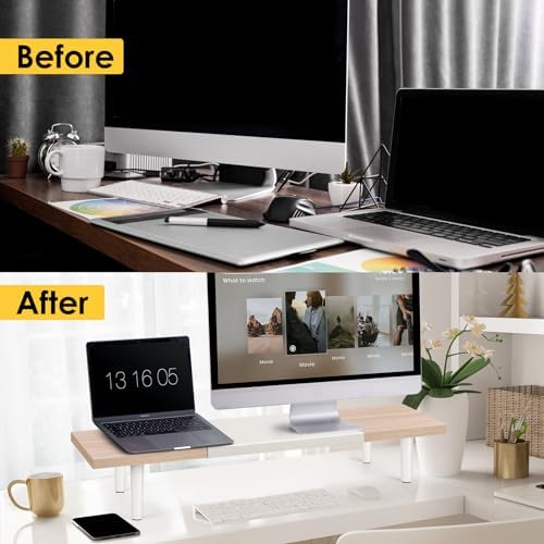 Across-Star Dual-Monitor-Stand-Riser-For-Desk Adjustable Length 32-40 Inch,Large Desktop Computer Monitor Riser For 2 Screens,Desk Shelf Organizer Riser Stand For Computer/Laptop/PC/Printer/TV Black