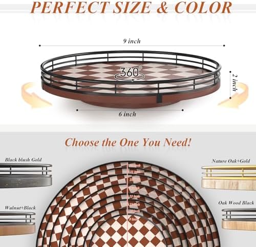 AMH 9-Inch Brown Checkerboard Lazy Susan Organizer with Black Metal Rail