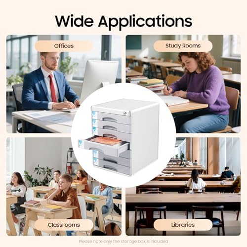 Desk Organizer with 7 Drawers, Metal Desktop Storage Cabinet File Holder with Locks and Keys, Filing Case Literature Organizer for Office Home, L11.8*D14*H16in, Silver & Grey