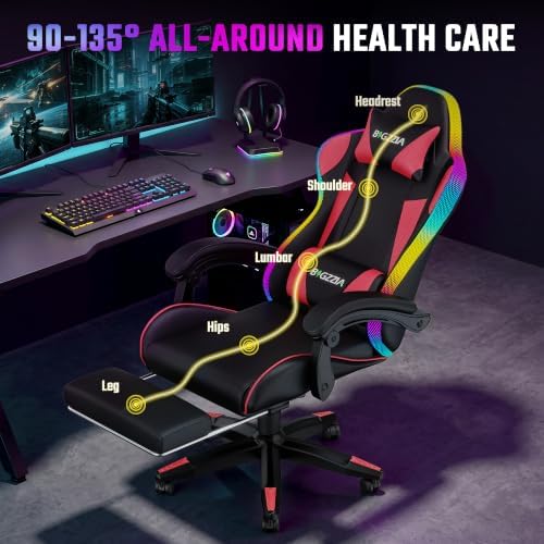 Bigzzia RGB Gaming Chair with Footrest, Lumbar Massage for Adult/Kid(Red)