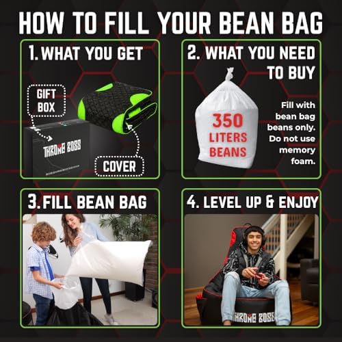 Gaming Bean Bag Chair Cover for Adults, High Back, Large Pockets, Green