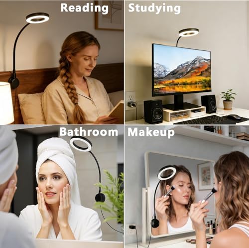 Suction Cup LED Desk Lamp for Computer Monitor, 3 Modes 10 Brightness, 7W USB Adapter, Flexible Gooseneck Ring Light for Desk, Fill Light, Office Home, Bedside, Reading, Study, Workbench, Black