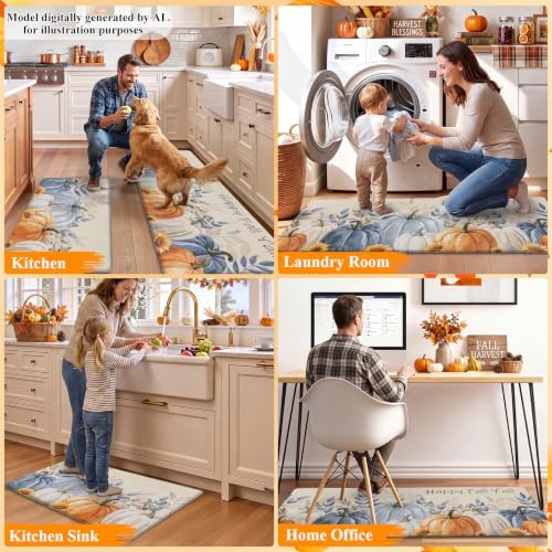 HEBE Fall Kitchen Rug Set of 2, Anti Fatigue Pumpkin Kitchen Mats for Floor