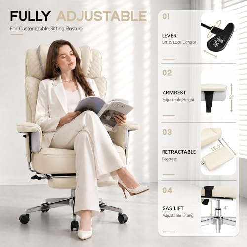 Office Desk Chair, High-Back Big and Tall Leather Chair with Footrest