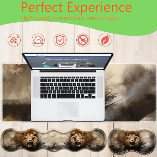 4 in 1 Mouse Pad Combo, Large Gaming Mouse Pad + Keyboard Wrist Support + Mouse Wrist Rest + Coaster, Table Pad with Stitched Edge Ergonomic Wrist Pad Set, Lion
