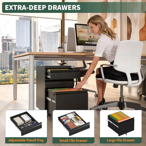 3 Drawer File Cabinet with Lock, Black Metal on Wheels