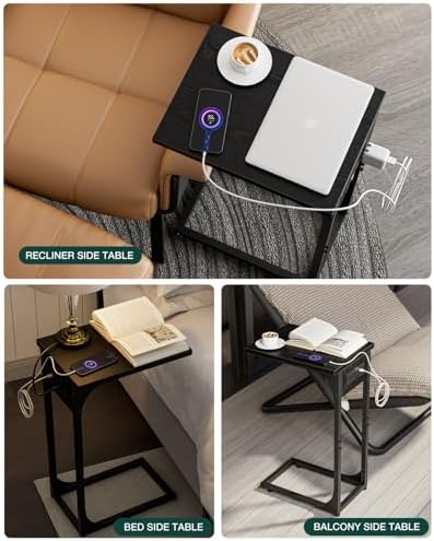 C-Shaped Side Table for Couch - Small Coffee Stand Sofa Tray Desk with Metal Frame Waterproof Scratch Resistant Wood Top and Built-in Charging Station, Black