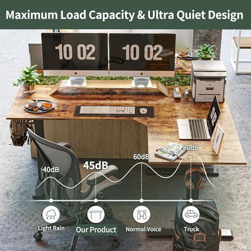 FEZIBO Triple Motor 63" L Shaped Standing Desk, Electric Standing Gaming Desk Adjustable Height, Corner Stand up Desk with Splice Board, Black Frame/Rustic Brown Top