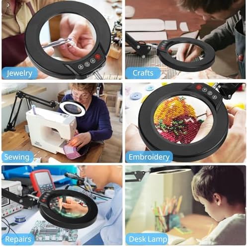 Coyeth 10X Magnifying Glass with Light and Clamp, Real Glass Stand Lighted Magnifier, 5 Color Modes Stepless Dimmable LED Desk Lamp Hands Free for Crafts Hobby Reading Painting Sewing Close Work