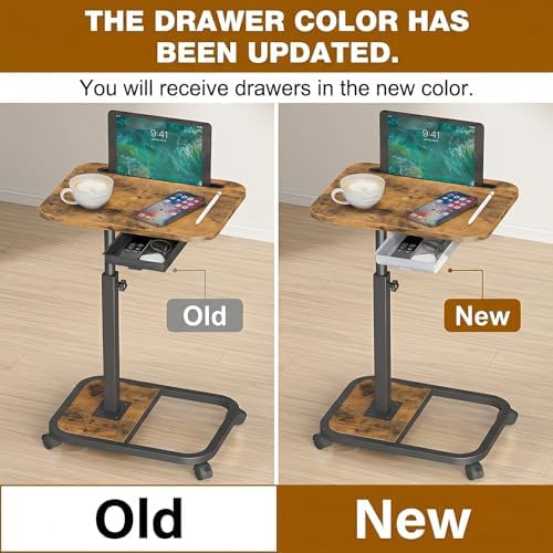 Adjustable Height TV Tray Table with Drawer, 360° Swivel C Shaped End Table, Rolling Couch Desk with Wheels, Side Tables for Living Room and Bedroom, Bed (Brown)
