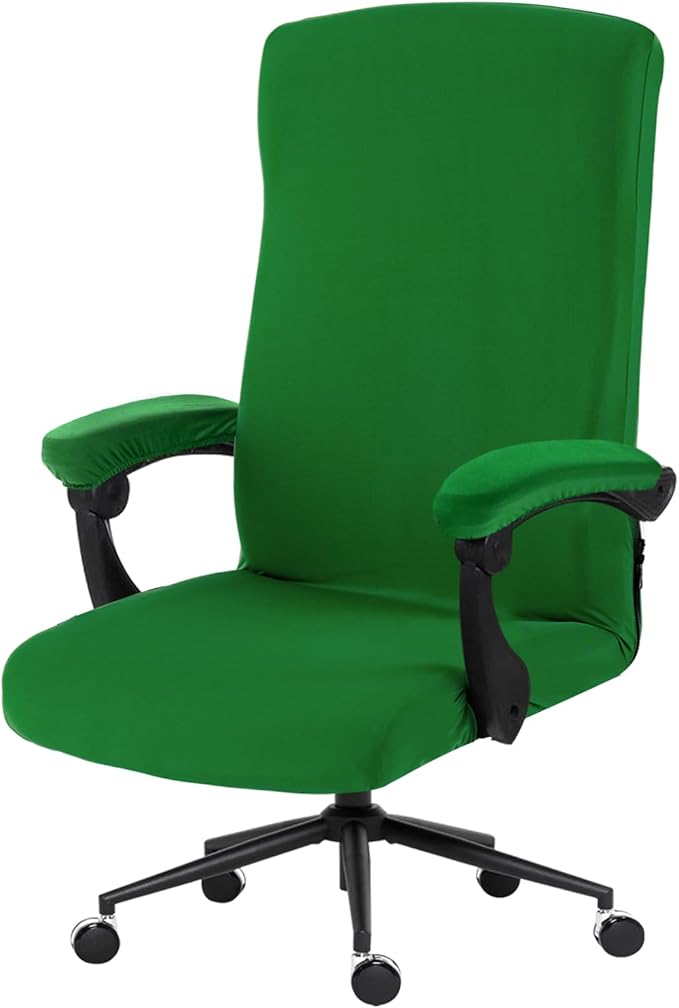 Stretch Computer Office Chair Cover with Armrest Covers Durable Zipper Universal Washable Removable Spandex Rotating Boss Chair Slipcovers Anti-dust Soft Desk Chair Seat Protector (Green)
