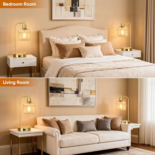 Clear Glass Table Lamps Set of 2, Dimmable Bedside Lamps for Living Room