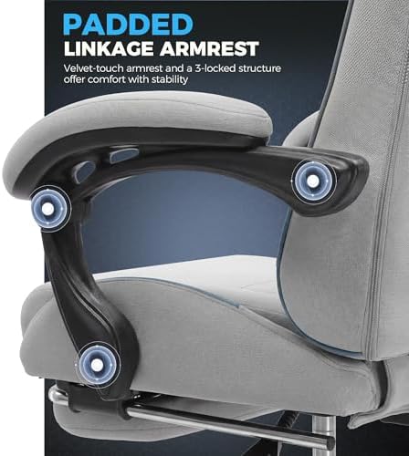 GTPLAYER Gaming Chair Fabric with Pocket Spring Cushion,Computer Office Chair with Lumbar Support for Adults Linkage Armrests and Footrest Ergonomic Gamings Chairs Height Adjustable Silver Grey