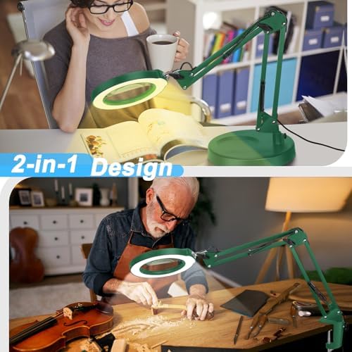 12X Magnifying Glass with Light and Stand, 5 Color Modes Stepless Dimmable 2-in-1 Lighted Magnifier with Clamp, LED Desk Lamp Hands Free for Crafts Hobby Reading Painting Sewing Close Work Green