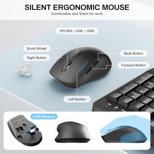 Wireless Keyboard and Mouse Combo,2.4G Full Size Ergonomic Wave Keys(Gray)