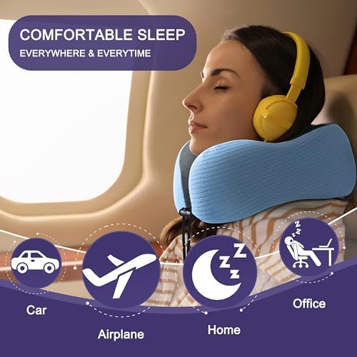 napfun Neck Pillow for Travel, Memory Foam Airplane Pillow, Sky Blue