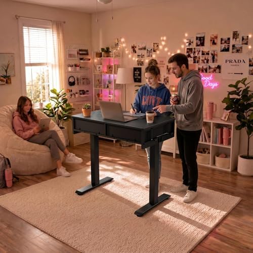 KLUVIS Black Sit Stand Desk with Drawers, 32 Inch Electric Standing Desk with Storage, Small Space Stand Up Computer Desks for Home Office Bedroom, Study Writing Desks for Walking Pad