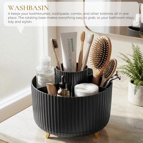 KONVINIT Pencil Pen Holder for Desk, 5 Slots 360 - Degree Rotating Desktop Organizer, Cute Desk Organizers and Accessories for School, Home, Office and Art Supply, Black