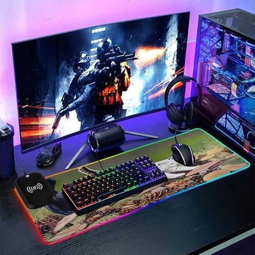 15W Wireless Charging Mouse Pad for Desk Cat Stretching RGB Gaming Mouse Pad Mat with 14 Light Modes & Non-Slip Rubber Base Smooth Surface for Gaming PC Laptop