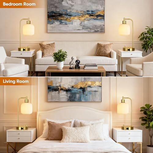 Cream Glass Table Lamps Set of 2, Dimmable Bedside Lamps for Living Room