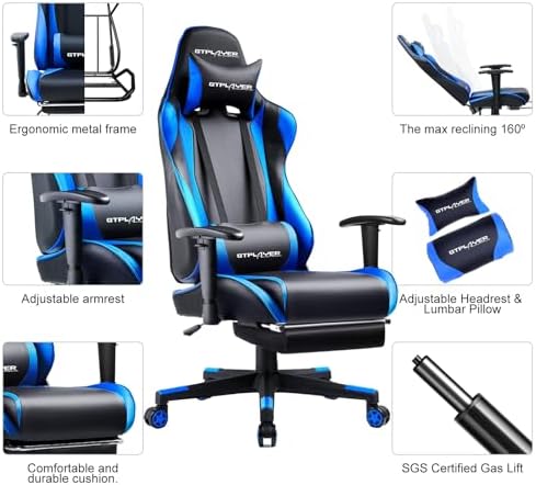 GTPLAYER Gaming Chair with Footrest, Ergonomic Computer Game Desk Chair, Reclining Gamer Chair Seat Height Adjustment, Swivel Rocker with Headrest and Lumbar (Blue)