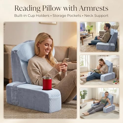 Reading Pillow for Adults, Back Pillow for Bed Sitting Up, Backrest Pillow for Sitting in Bed, Detachable Arms with Built-in Cup & Phone Caddy (White Cooling - Polka, 19 INCH)