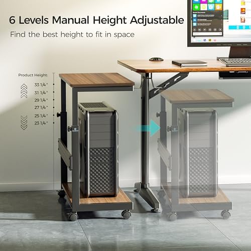 EUREKA ERGONOMIC PC Stand Computer Cart, Height Adjustable Tower Stand 2-Tier Suit for ATX Case Printer, Metal Rolling Cart on Wheels for Gaming Home Office, Walnut
