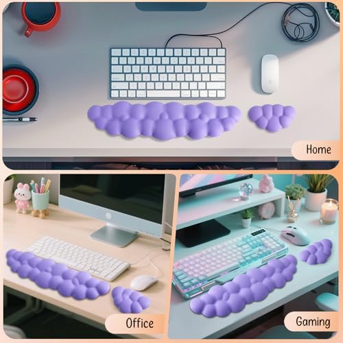 Keyboard Wrist Rest Mouse Wrist Support Set, Cloud Keybroad Wrist Rest Pad with Non-Slip PU Base, Memory Foam Wrist Rest for Pain Relief Computer Laptop Gaming Home Office, Purple
