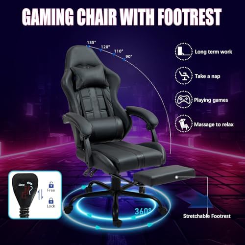 Gaming Chair with Ergonomic Footrest & Massage Lumbar Support, Black