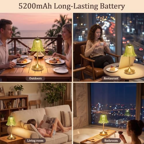 Cordless Table Lamp, Rechargeable Green Glass Tulip Flower Touch Lamp
