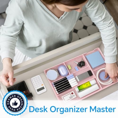 Desk Drawer Organizer, Office Drawer Divider Organizer Tray with 6 Compartments, Metal Mesh Desktop Organization and Accessories for Stationery Makeup Kitchen Toolroom School &Office (Large-Pink)