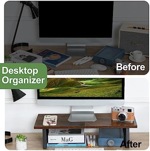 TEAMIX 24 inch Monitor Riser for Desk, Wood & Steel Computer/TV Stand Brown