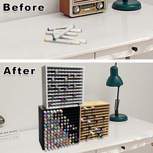 MinBoo Bamboo Art Supply Storage Rack - Wooden Marker Organizer for 144 Markers, Pens, Colored Pencils, Paint Brushes (White)