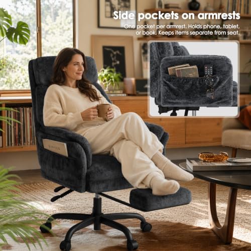 ELABEST C57 Ergonomic Reclining Office Chair with Footrest,Velvet Desk Chairs with 6-Stage Adjustable Wing Armrests for Cross Legged Sitting, Pet-Friendly High Back Lounge Gaming Chair for Home Office