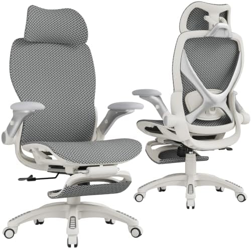 ELABEST X100 Ergonomic Mesh Office Chair with Footrest, Big and Tall Home Desk Chair with 5D Flip-Up Arms, Adjustable 3D Lumbar Support, Gaming & Executive Computer Chair (Silver Wave)