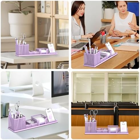 Pen Holder for Desk, 6-Piece Mesh Desk Organizer with Phone Holder, Purple