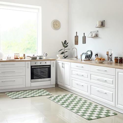 Ohocut Checkered Kitchen Mats for Floor Set of 2, 2 Pcs Sage Green Cushioned Non Slip Runner Rugs for Kitchen/Sink/Laundry, Comfort Aesthetic Cute Anti-Fatigue Foam Floor Mat 17.3"x29.5"+17.3"x47.2"