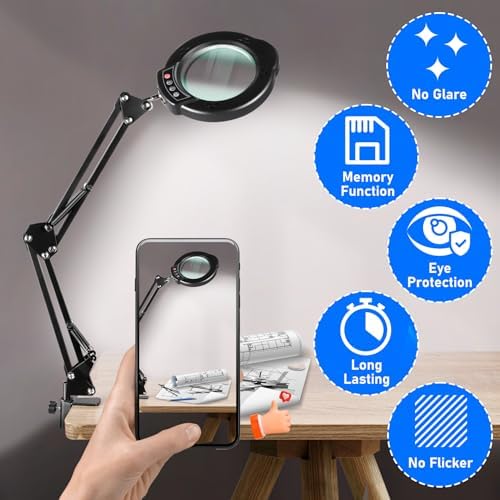 10X Magnifying Glass with Light and Stand, LED Desk Lamp with Clamp, 5 Color Mode, 10 Dimmable Levels, Hands Free for Reading Crafts Jewelry Sewing Close Work