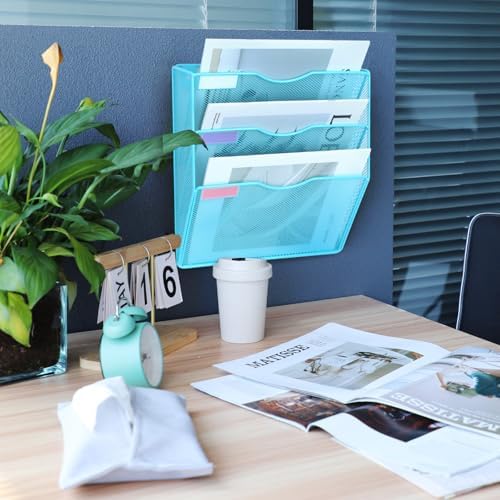 3 Pockets Mesh Wall File Holder Organizer Office Hanging File Folder Magazine Rack, Nametag Label Hooks Set Included (Blue)
