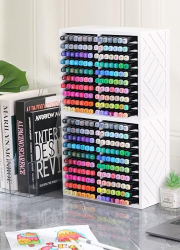 Bamboo Marker Organizer for Desk, Marker Storage Organizer for 140 Markers,Pens, Pencils and Art Brushes,Wooden marker holder for Home, Classroom and Office Decor, White