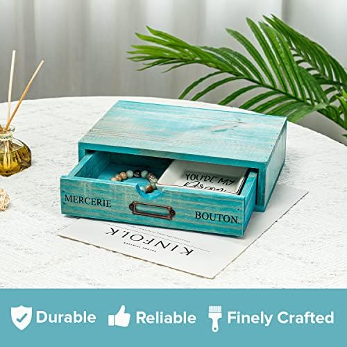 Turquoise Single Drawer Unit - European Country Style Desk Organizer Box - 9.7x7x2.6 Teal Wooden Stackable Drawer - Countertop Organizer Drawer w/Label Holder - Single Monitor Shelf