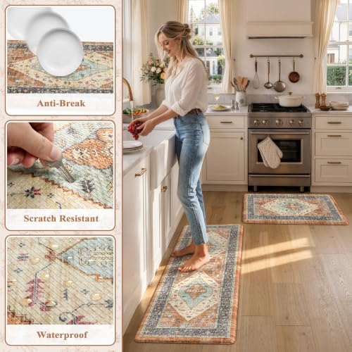 KIMODE Anti Fatigue Kitchen Mat, Boho Distressed Kitchen Rugs Fall Orange