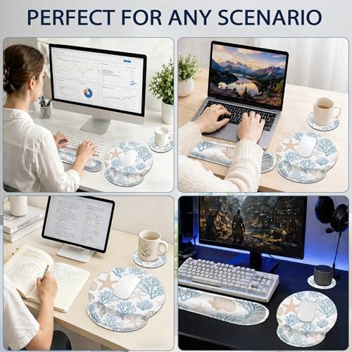 Starfish Wrist Rest Support for Mouse Pad Keyboard Set, Coral Shells Mouse Pad with Non Slip Rubber Base for Home and Office Typing Support