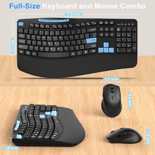 Wireless Keyboard and Mouse Combo, 2.4G Ergonomic Wave Keys(Blue Black)
