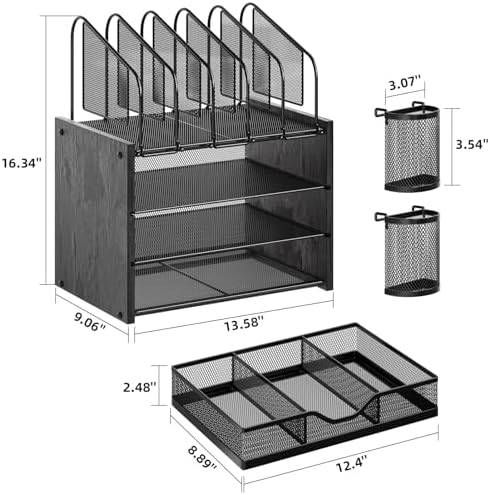 Marbrasse Desk Organizer with Drawer, 4-Tier Wooden File Organizer with 5 Vertical File Holders and 2 Pen Holders, Desk Organizers and Accessories for Home Office - Black
