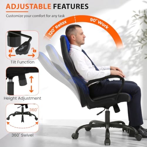 Office Chair Gaming Chair Ergonomic Massage Chair PU Leather Executive Seat with Swivel Base, Massage Lumbar Support, and Padded Armrests (Blue)